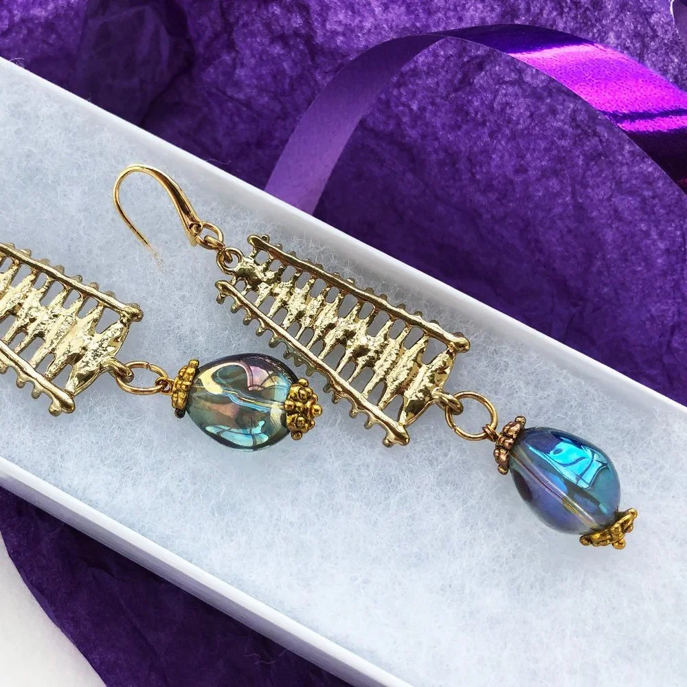 Long party earrings for women, glass bead drop dangle earrings gold handmade